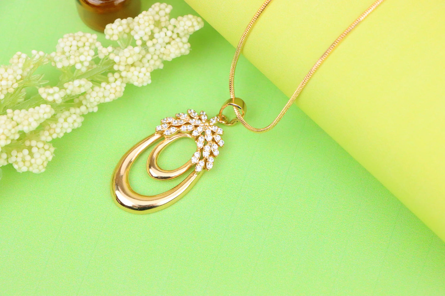 Rose Gold Double Loop Pendant with Sparkling Leaf Accent Design, XPPT1247 (2125-3)