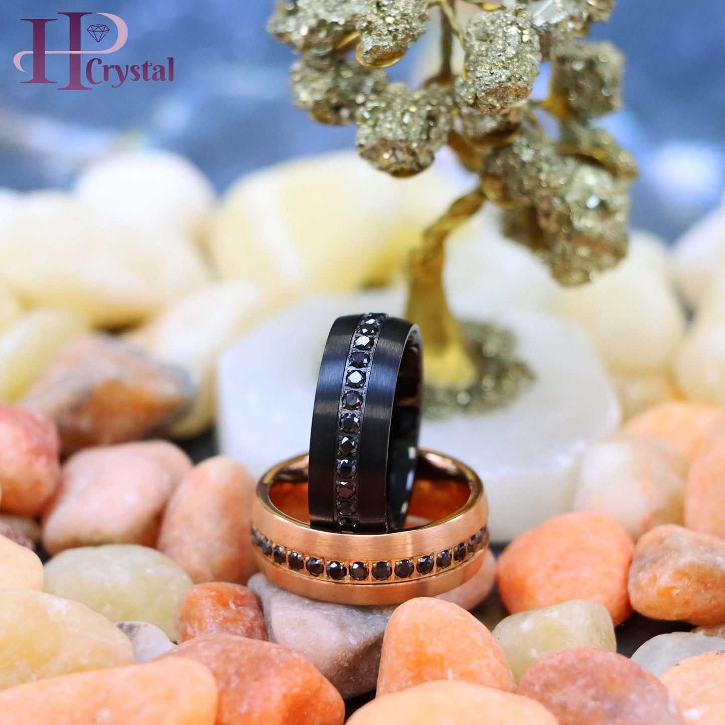 Stylish Black IP Tungsten Ring – Rose Gold & Black CZ Eternity Design