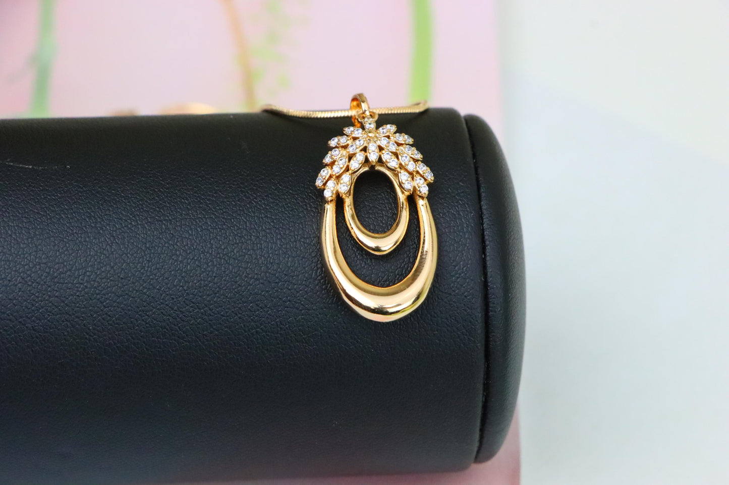 Rose Gold Double Loop Pendant with Sparkling Leaf Accent Design, XPPT1247 (2125-3)