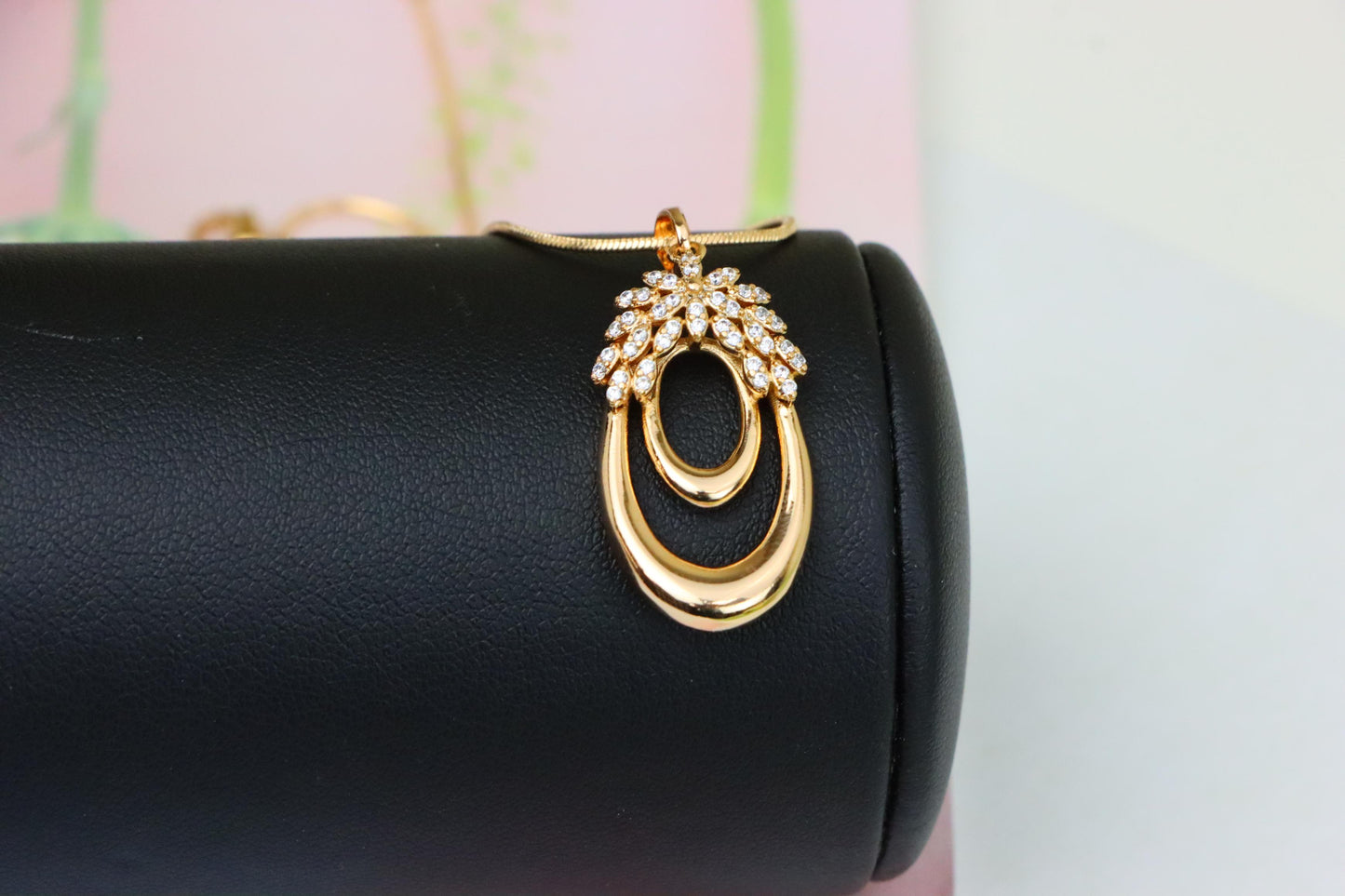 Rose Gold Double Loop Pendant with Sparkling Leaf Accent Design, XPPT1247 (2125-3)