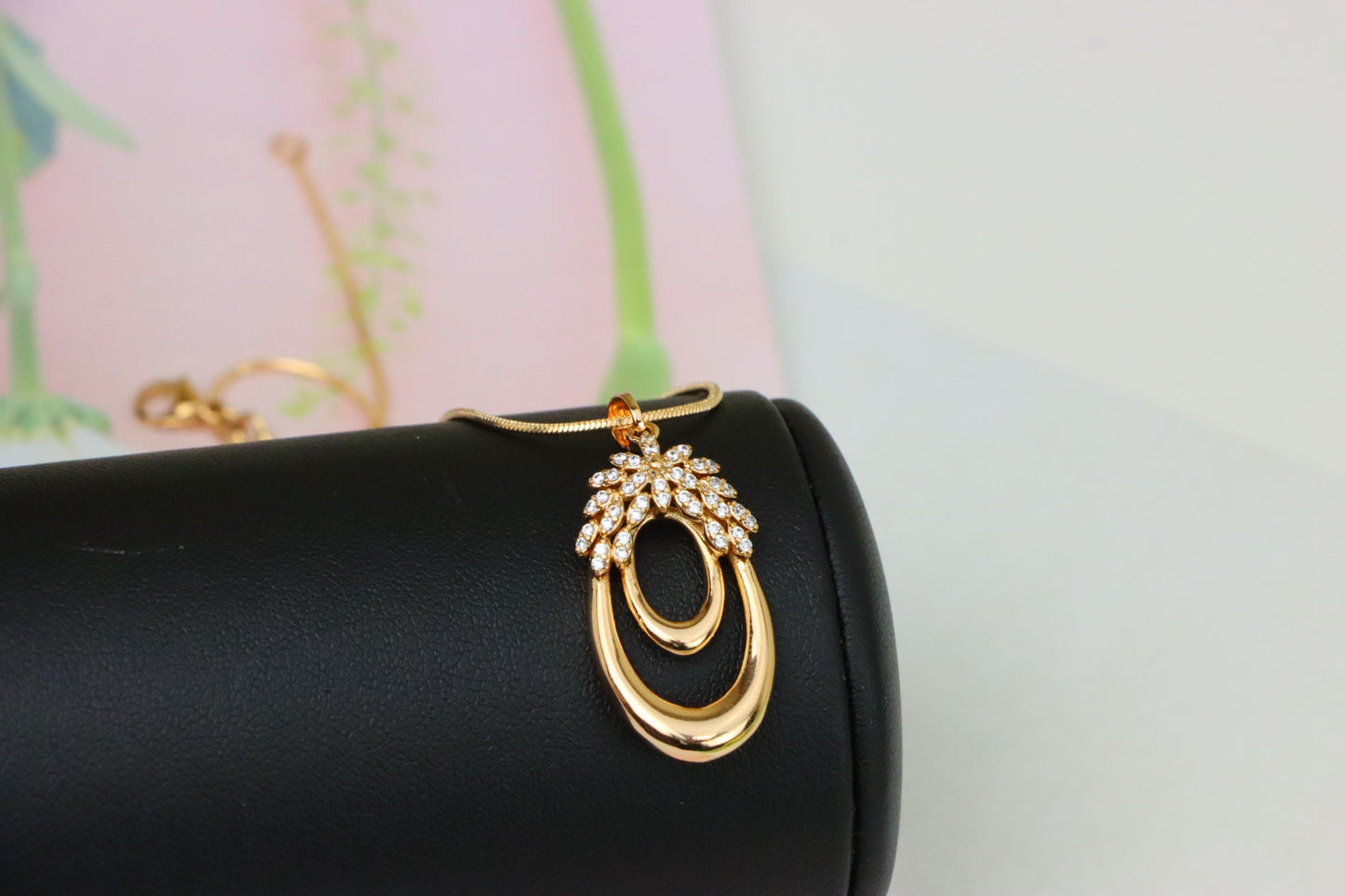 Rose Gold Double Loop Pendant with Sparkling Leaf Accent Design, XPPT1247 (2125-3)