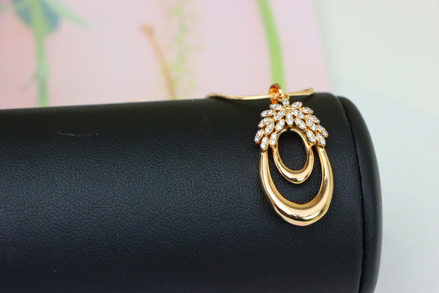 Rose Gold Double Loop Pendant with Sparkling Leaf Accent Design, XPPT1247 (2125-3)