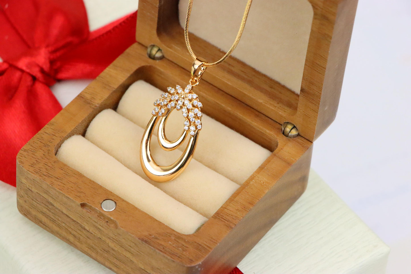 Rose Gold Double Loop Pendant with Sparkling Leaf Accent Design, XPPT1247 (2125-3)