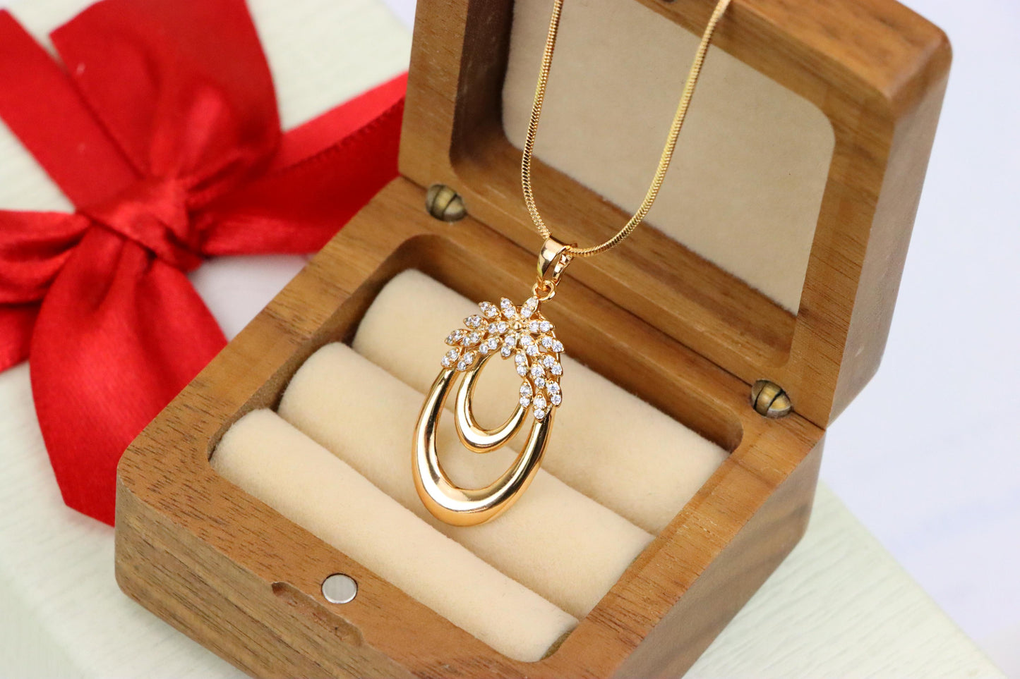 Rose Gold Double Loop Pendant with Sparkling Leaf Accent Design, XPPT1247 (2125-3)