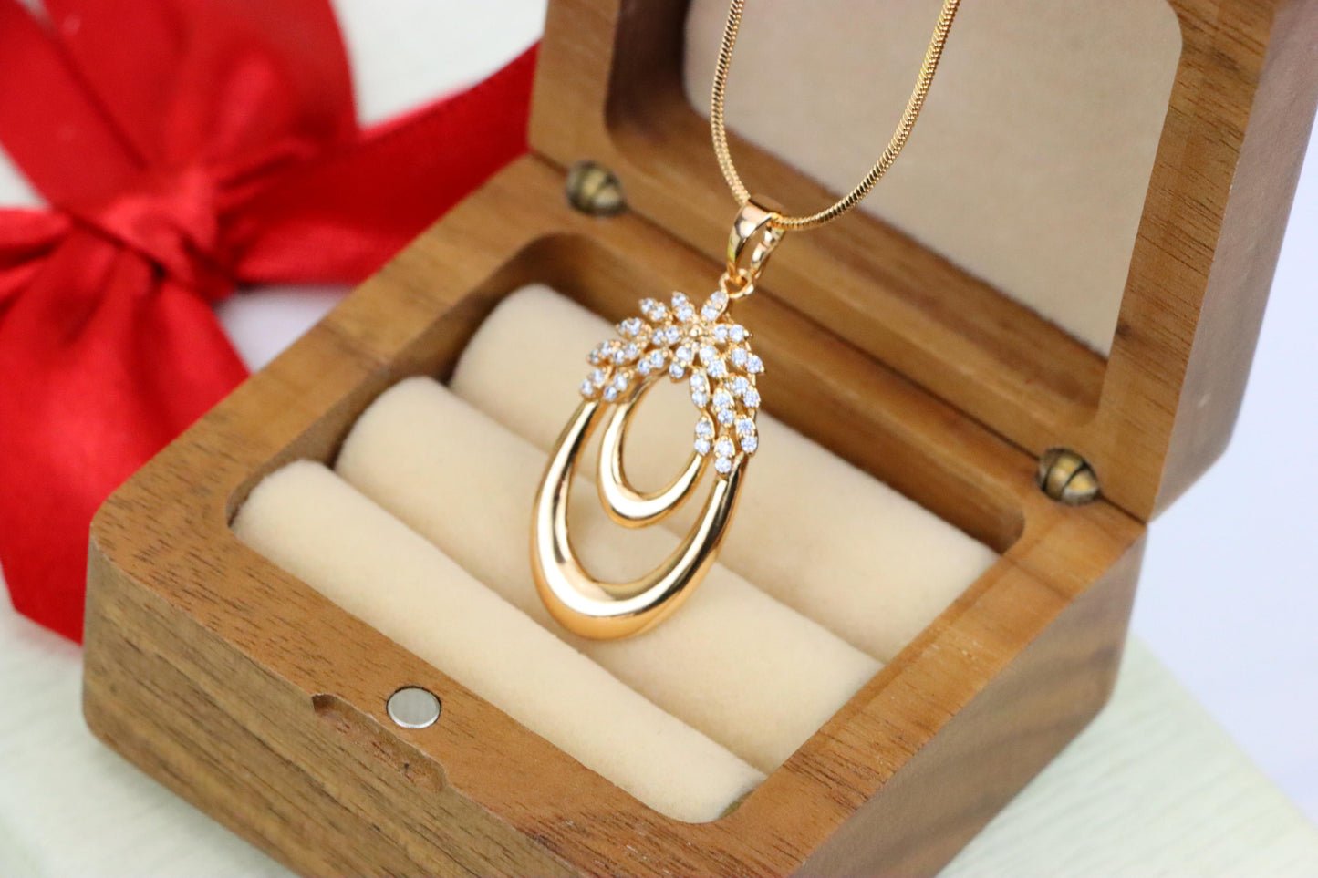 Rose Gold Double Loop Pendant with Sparkling Leaf Accent Design, XPPT1247 (2125-3)