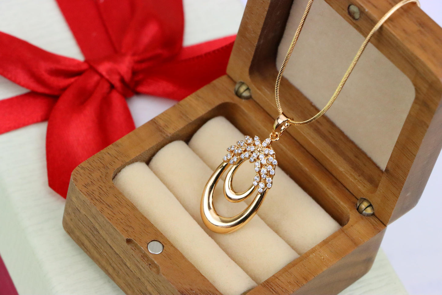 Rose Gold Double Loop Pendant with Sparkling Leaf Accent Design, XPPT1247 (2125-3)