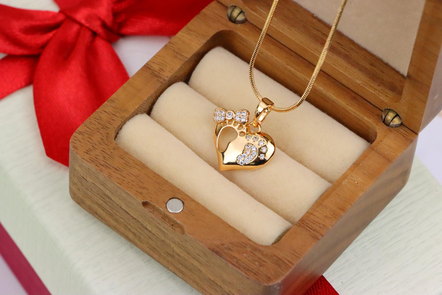 Rose Gold Baby Footprint Heart Pendant with Sparkling CZ Accents, XPPT1249 (2125-5)