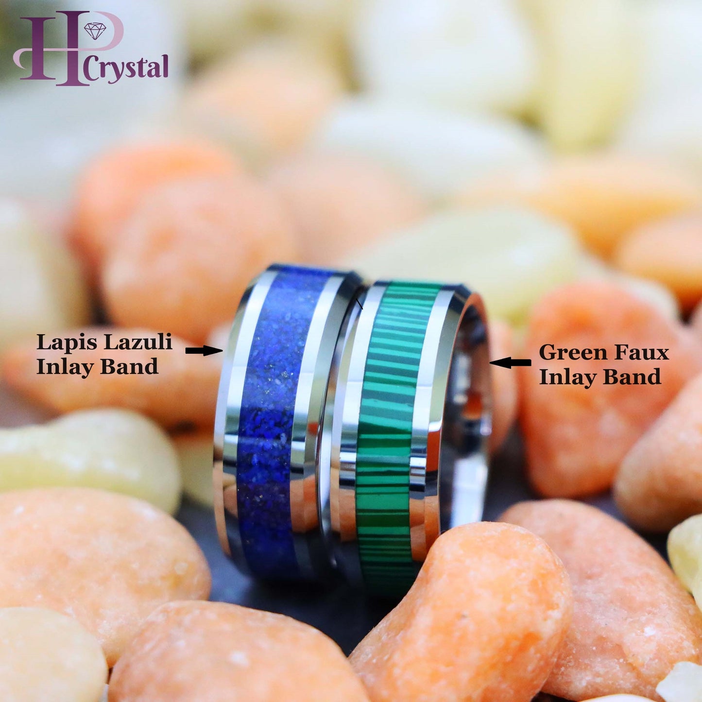 Beveled Edge with Lapis Lazuli Inlay/Malachite Strips Inlay Tungsten Ring
