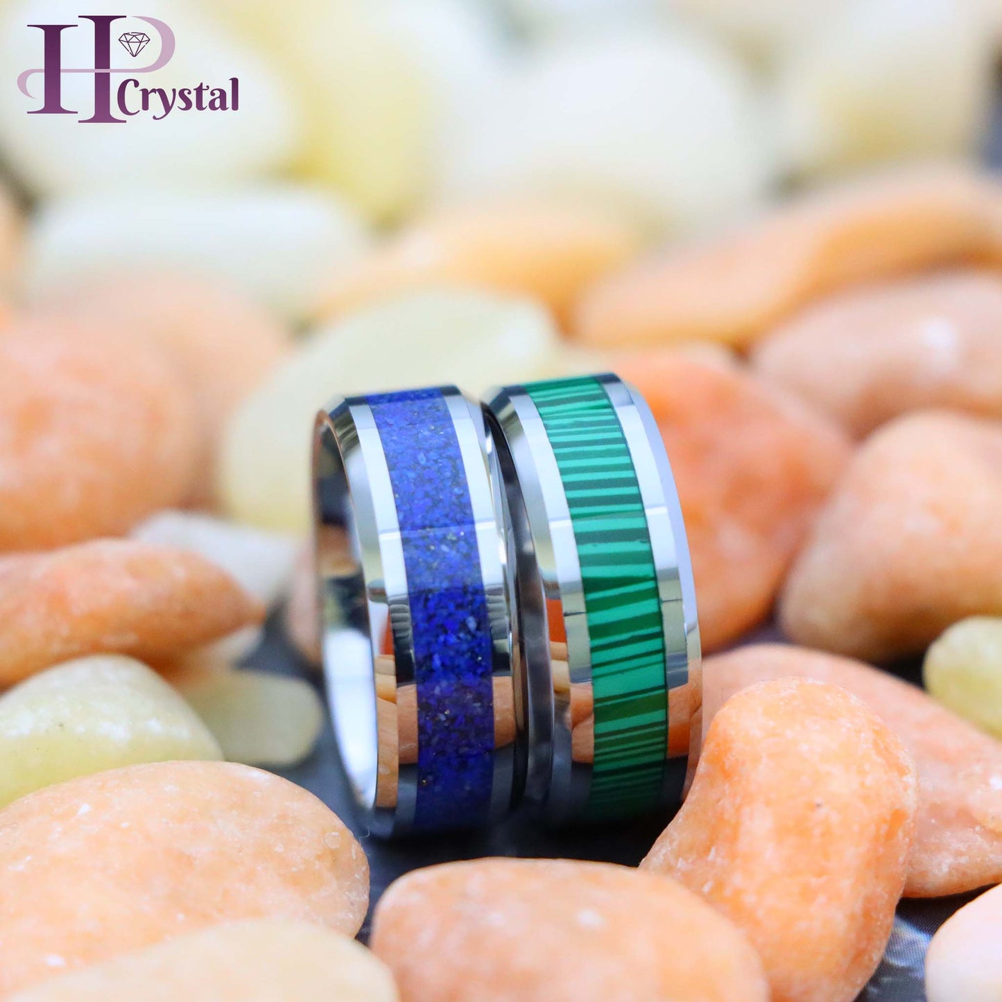 Beveled Edge with Lapis Lazuli Inlay/Malachite Strips Inlay Tungsten Ring