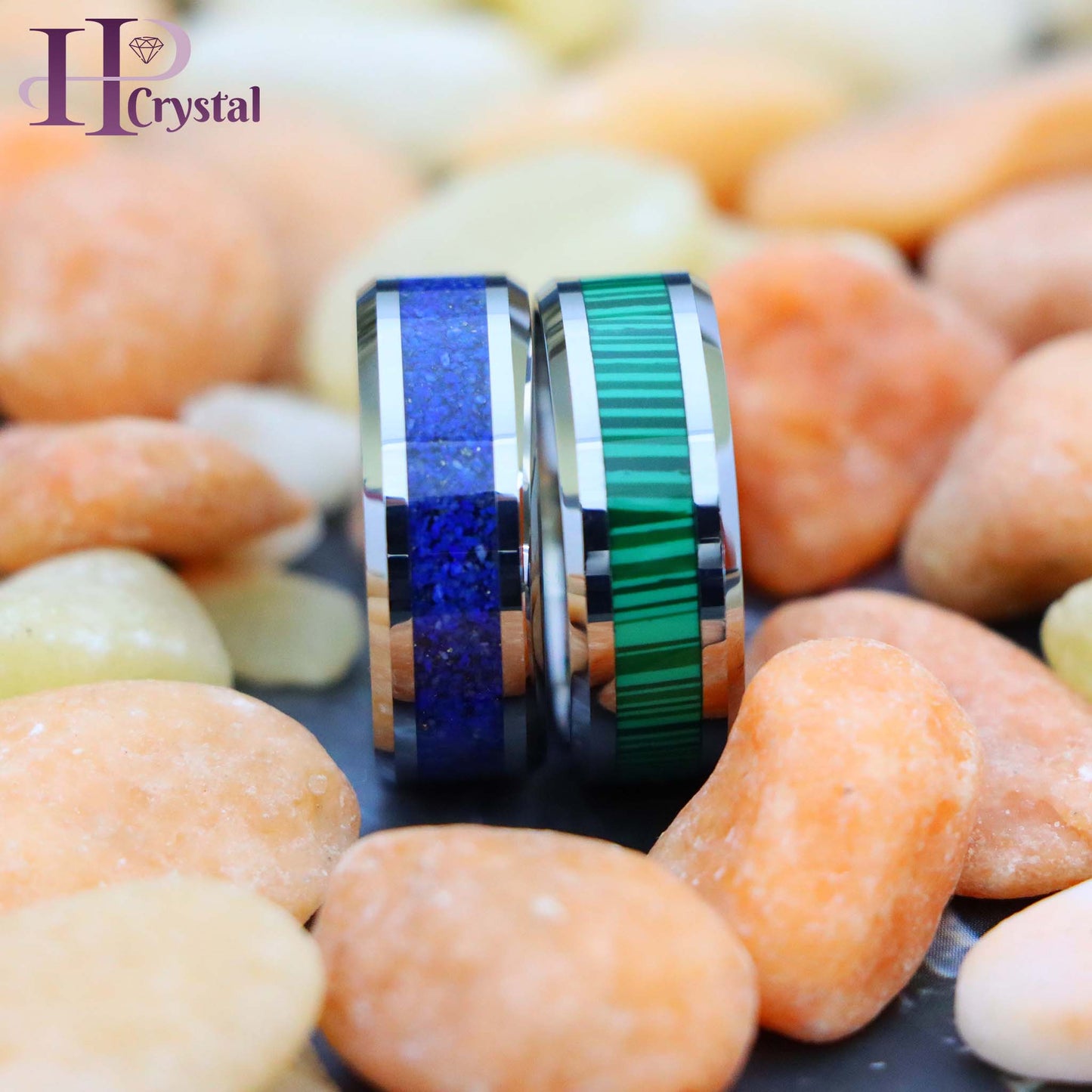 Beveled Edge with Lapis Lazuli Inlay/Malachite Strips Inlay Tungsten Ring