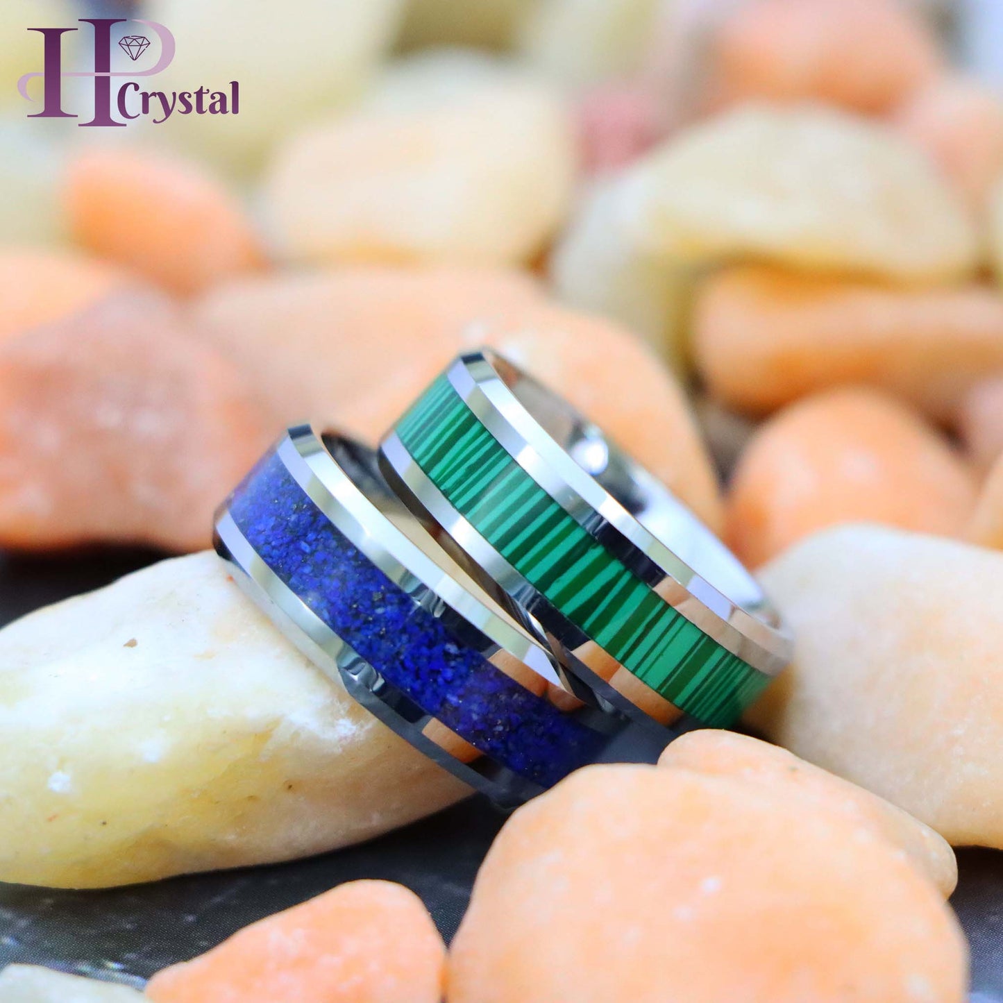 Beveled Edge with Lapis Lazuli Inlay/Malachite Strips Inlay Tungsten Ring
