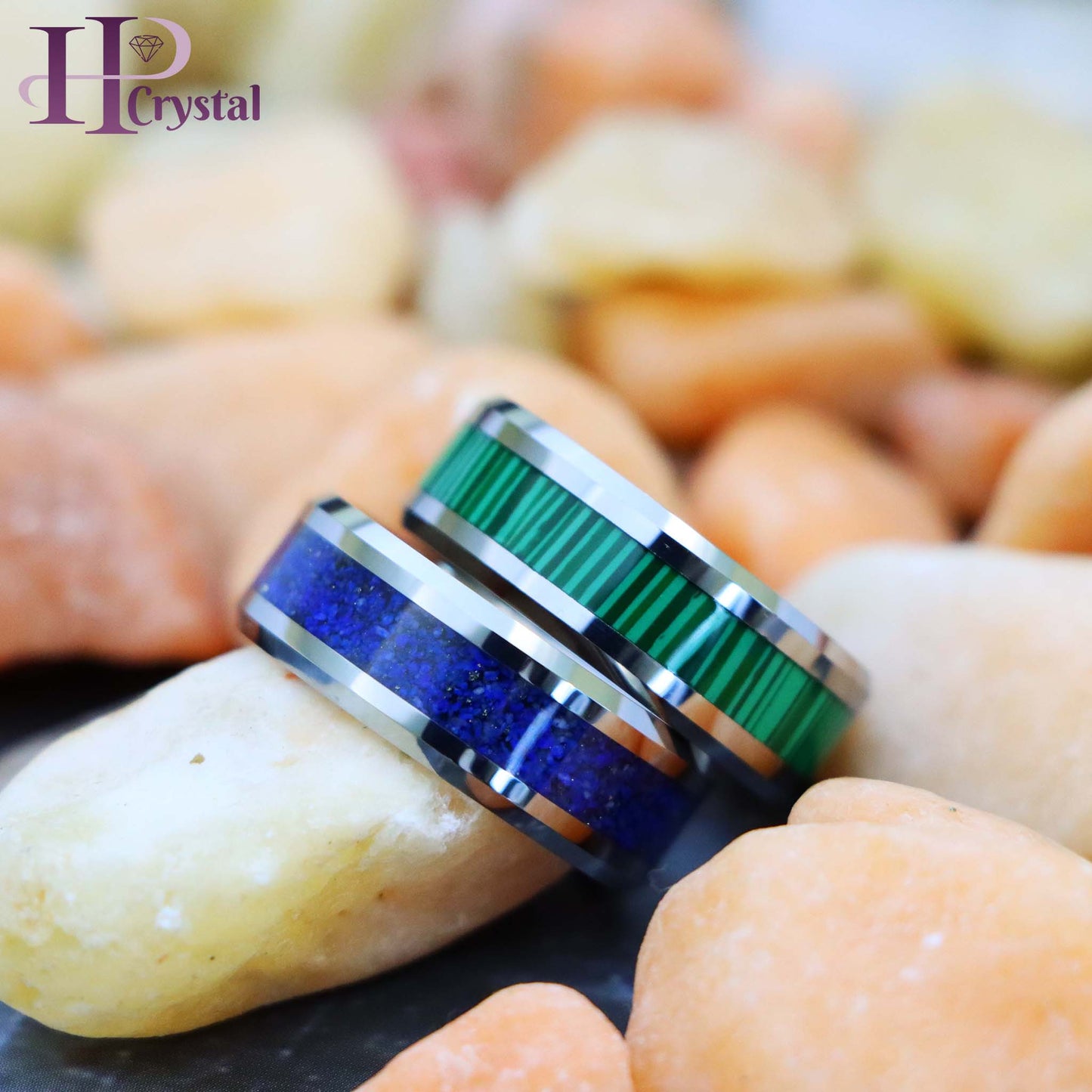 Beveled Edge with Lapis Lazuli Inlay/Malachite Strips Inlay Tungsten Ring
