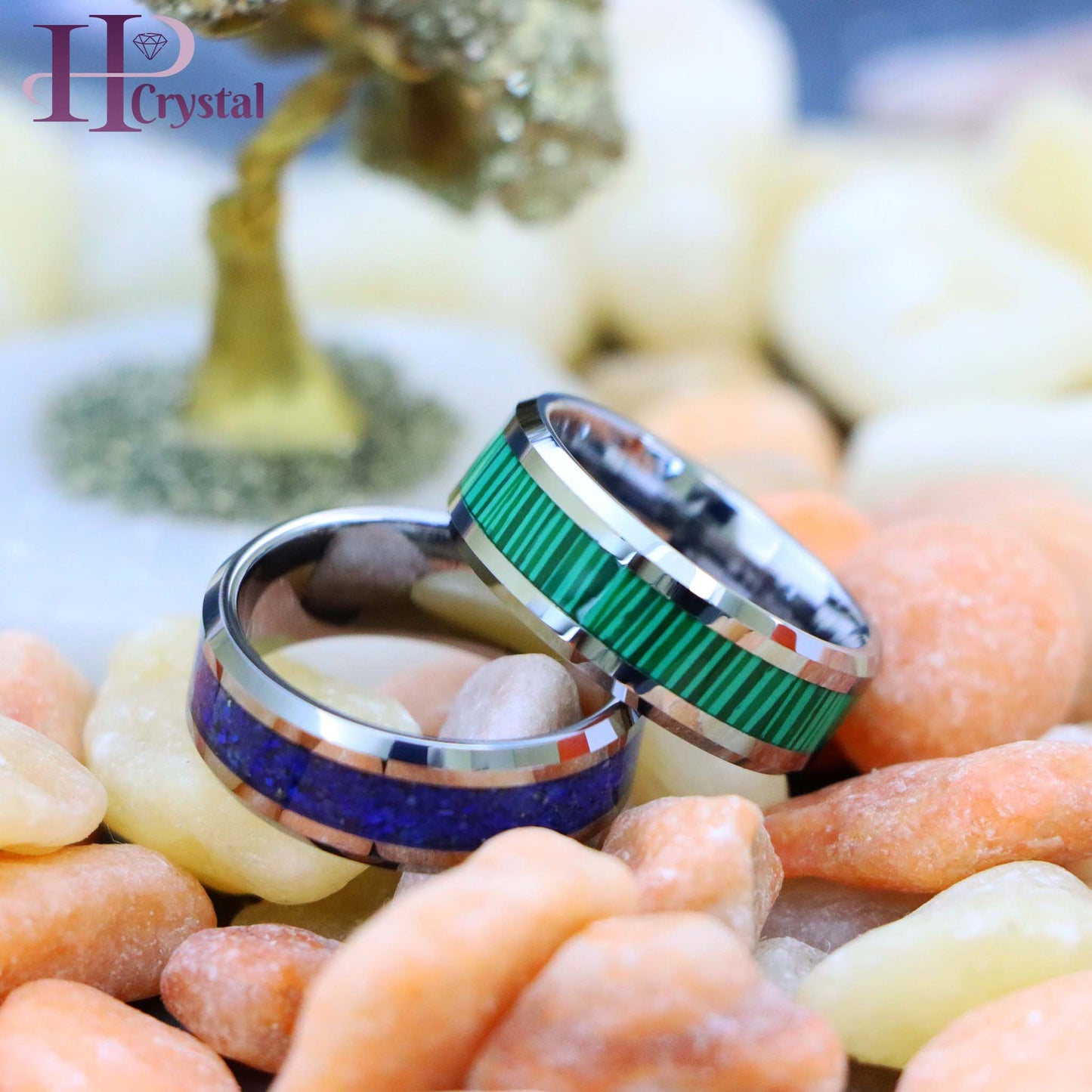 Beveled Edge with Lapis Lazuli Inlay/Malachite Strips Inlay Tungsten Ring