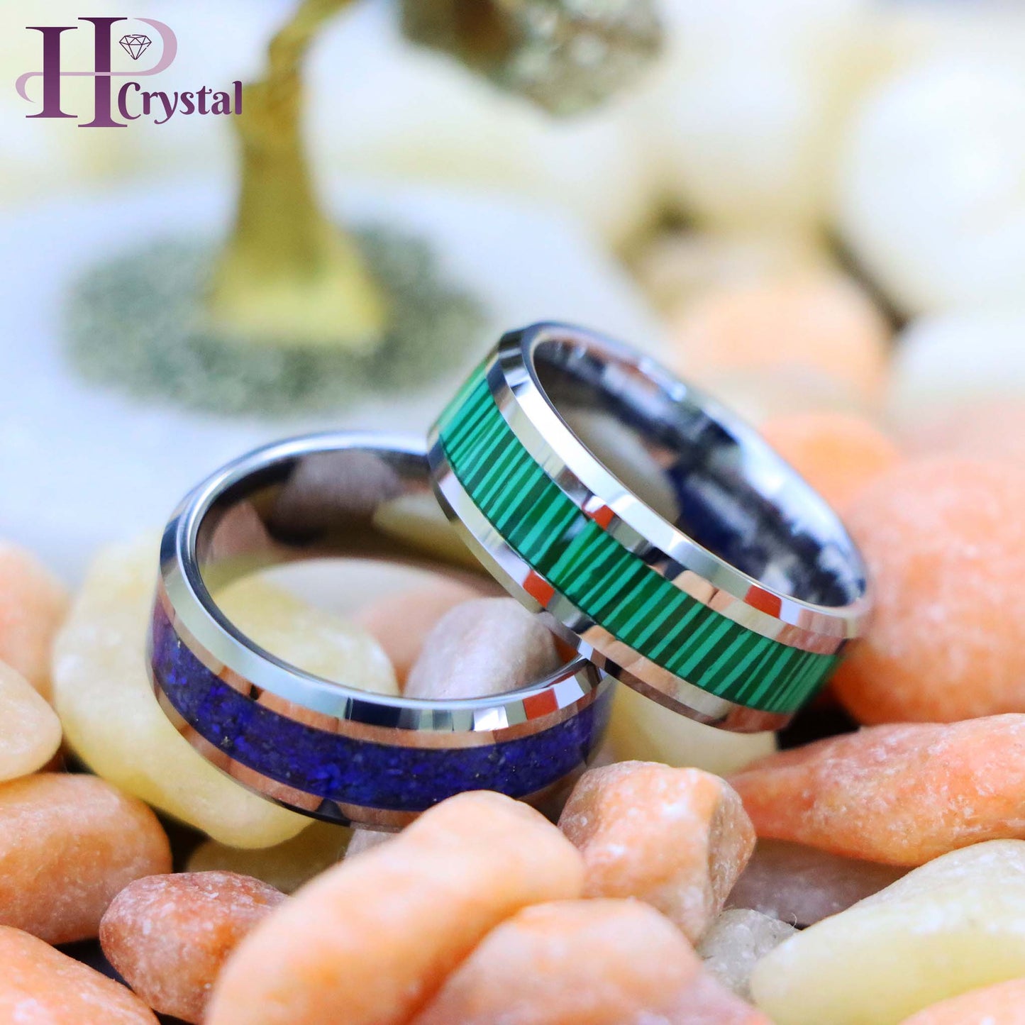 Beveled Edge with Lapis Lazuli Inlay/Malachite Strips Inlay Tungsten Ring