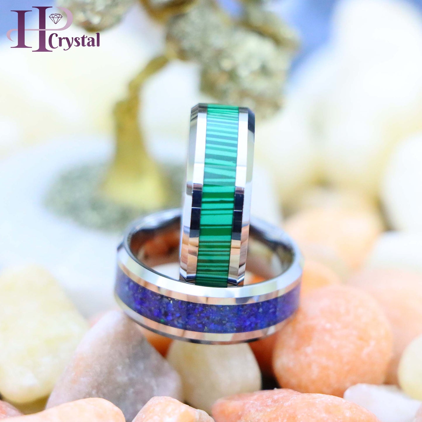 Beveled Edge with Lapis Lazuli Inlay/Malachite Strips Inlay Tungsten Ring