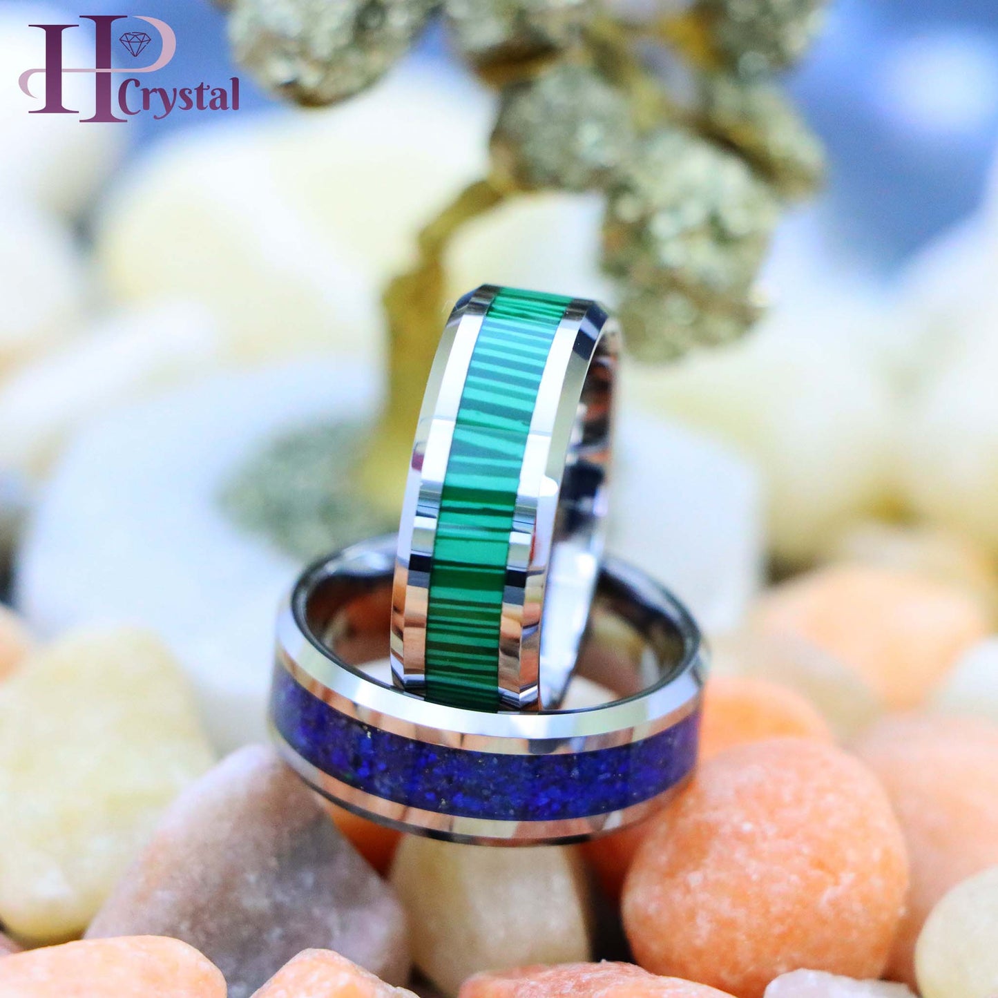 Beveled Edge with Lapis Lazuli Inlay/Malachite Strips Inlay Tungsten Ring