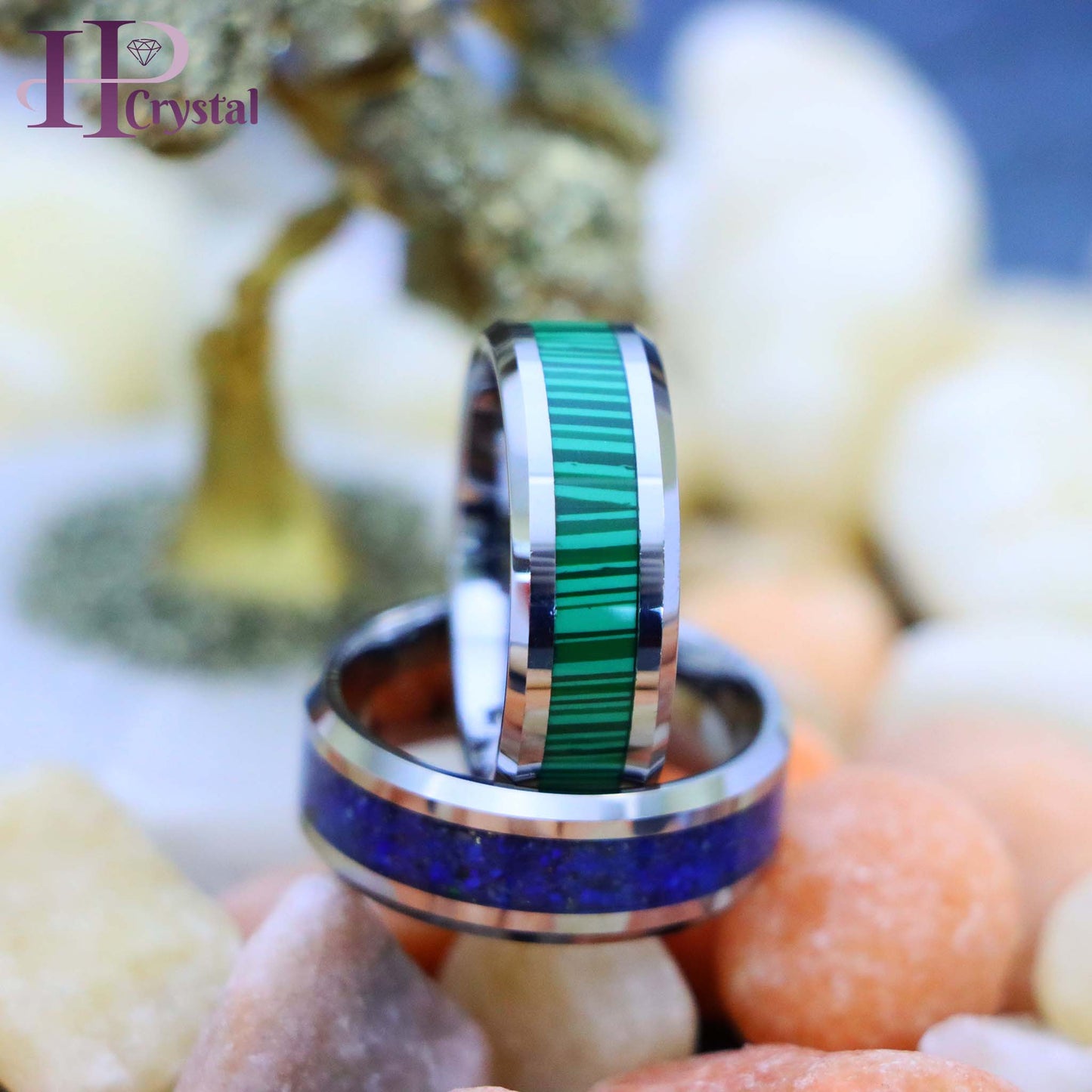 Beveled Edge with Lapis Lazuli Inlay/Malachite Strips Inlay Tungsten Ring