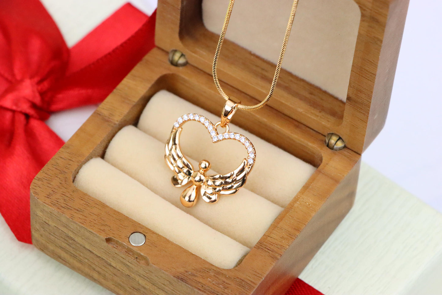 Rose Gold Heart Pendant with Angel Wings and Crystal Accents, XPPT1251 (2125-7)