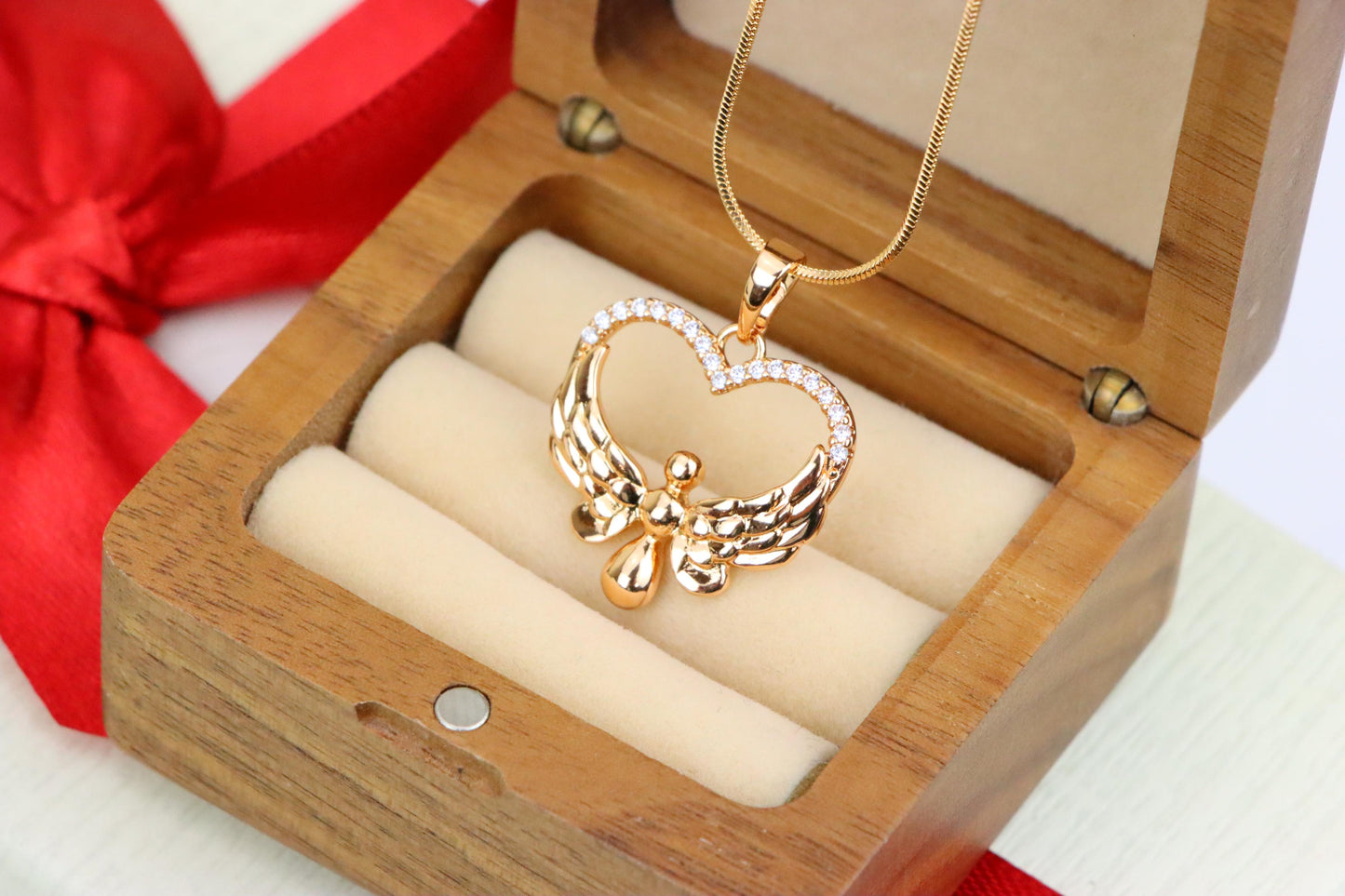Rose Gold Heart Pendant with Angel Wings and Crystal Accents, XPPT1251 (2125-7)