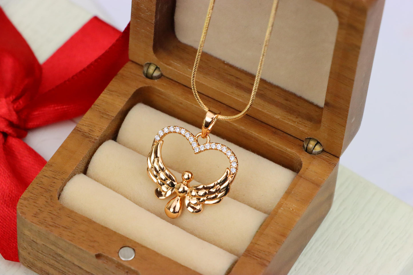 Rose Gold Heart Pendant with Angel Wings and Crystal Accents, XPPT1251 (2125-7)