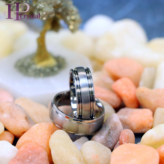 Flat Brushed Center High Polish Ridged Edge Tungsten/Titanium Ring (MARET042)