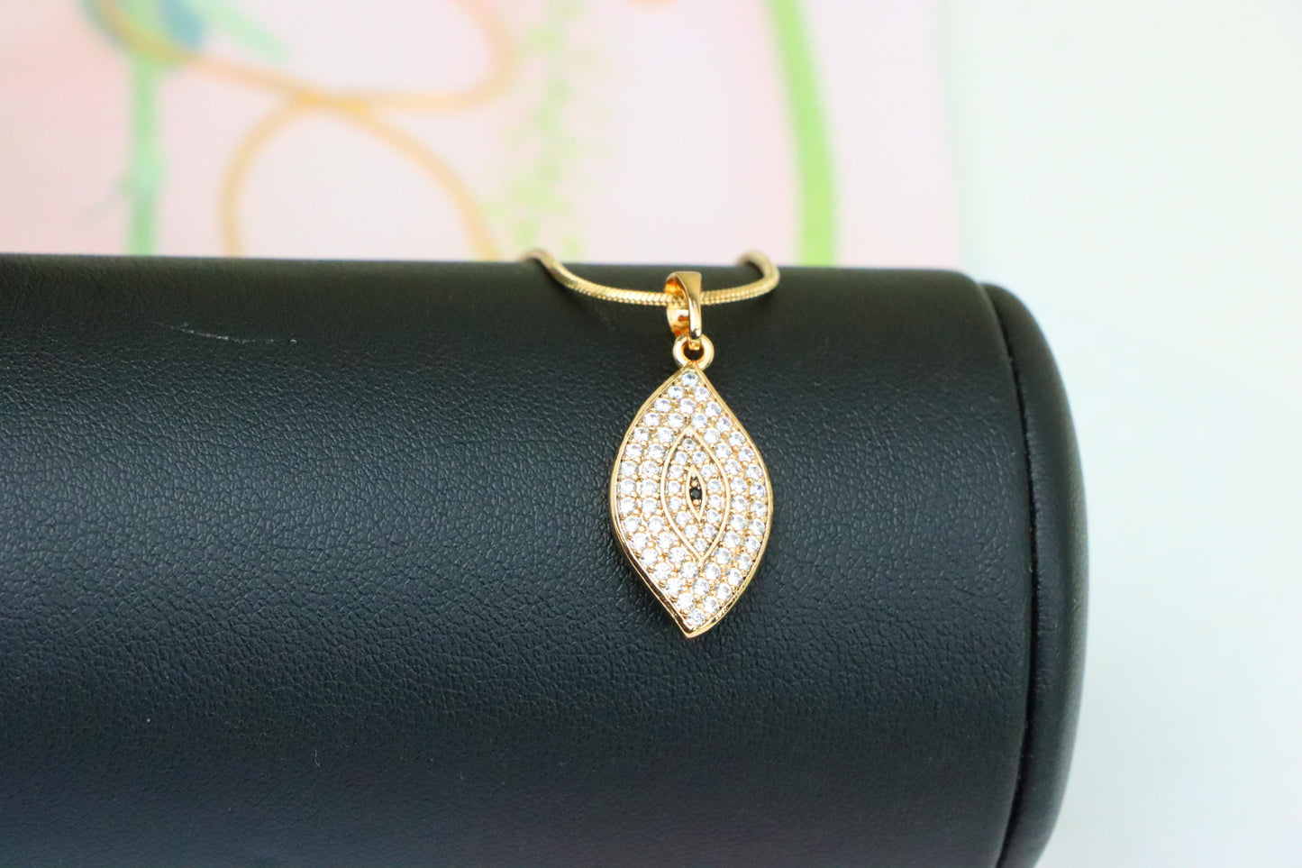 Rose Gold Eye Leaf Pendant with White and Black Crystal Detail, XPPT1254 (2125-10)