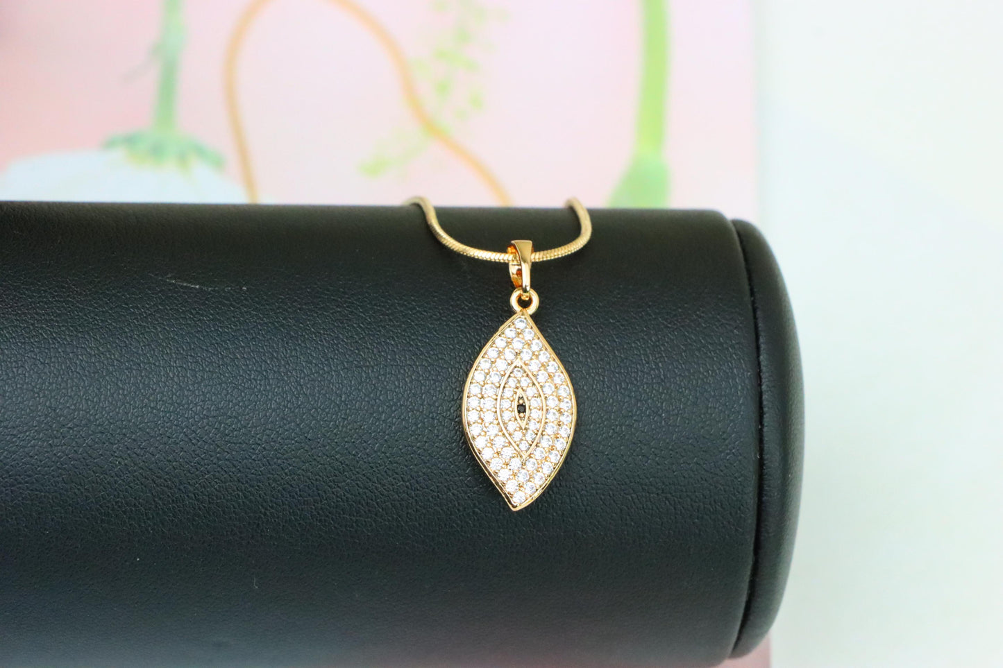 Rose Gold Eye Leaf Pendant with White and Black Crystal Detail, XPPT1254 (2125-10)