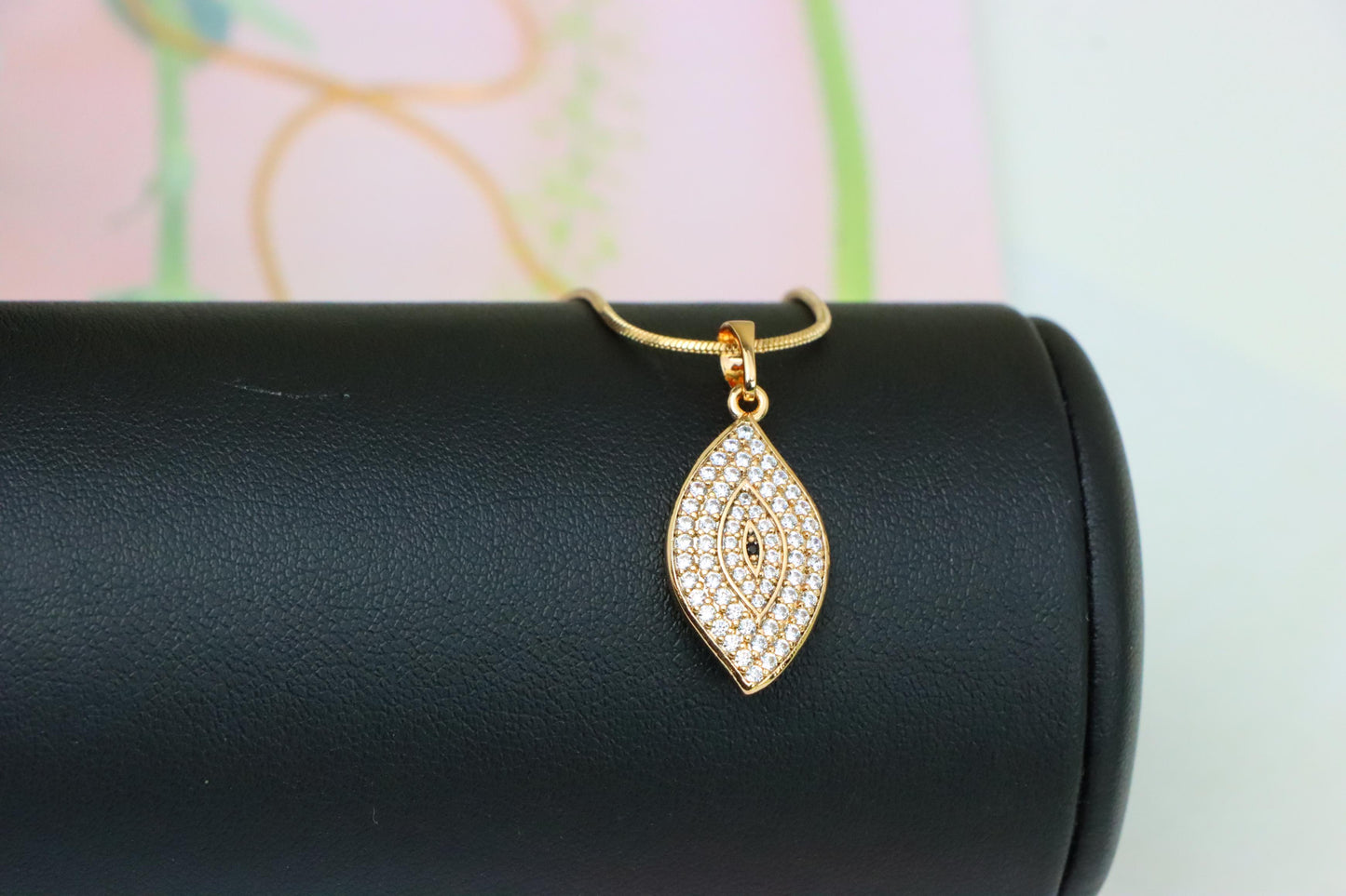 Rose Gold Eye Leaf Pendant with White and Black Crystal Detail, XPPT1254 (2125-10)
