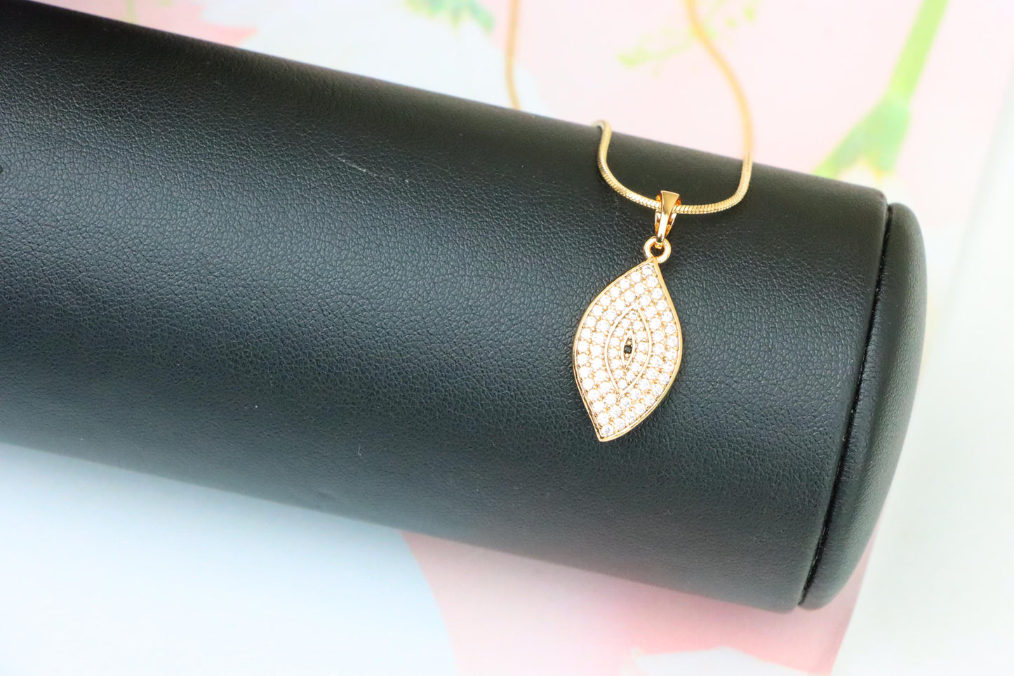 Rose Gold Eye Leaf Pendant with White and Black Crystal Detail, XPPT1254 (2125-10)