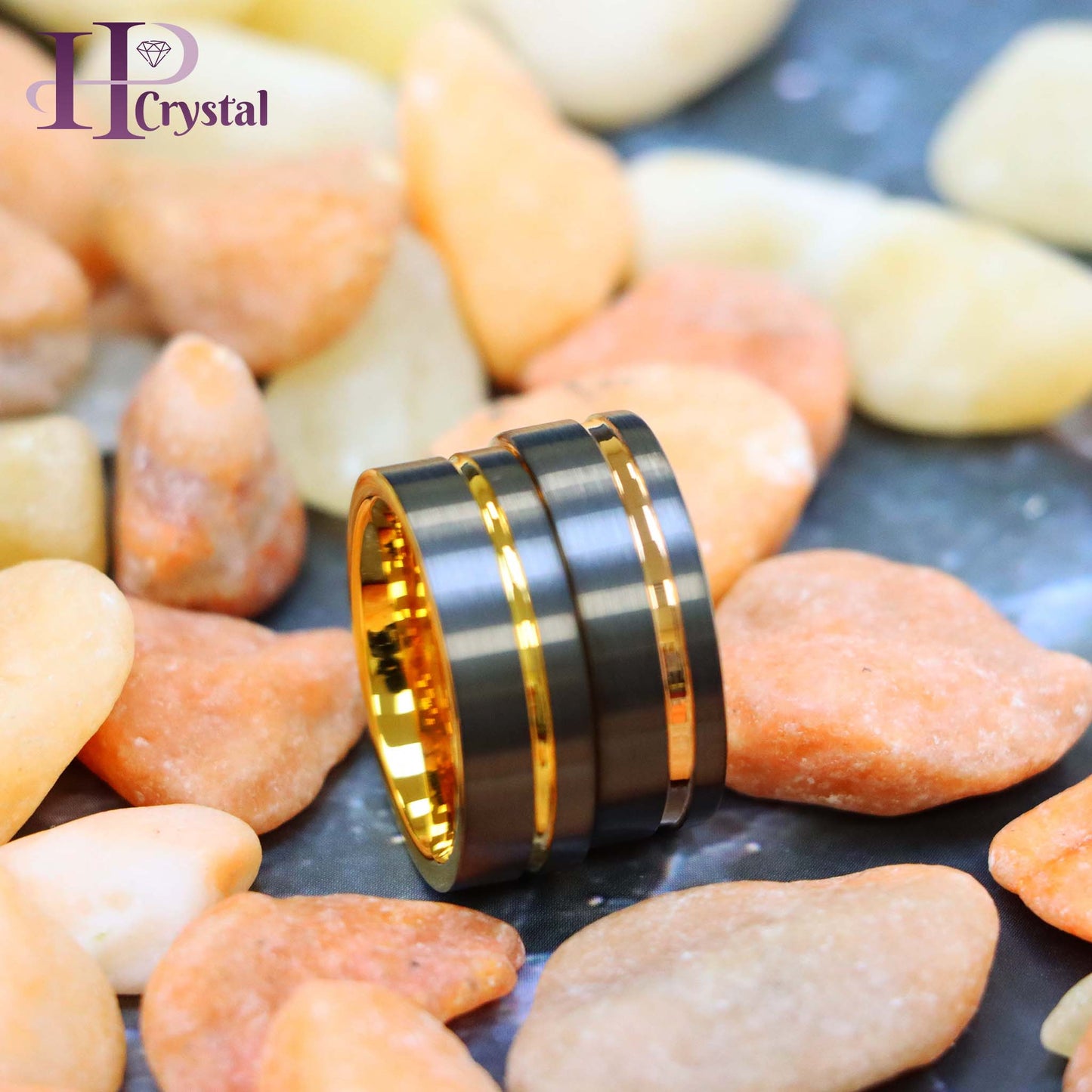 Gun Metal IP Plated with Off-Center Yellow Gold Plated/Rose Gold Plated Groove Tungsten Ring