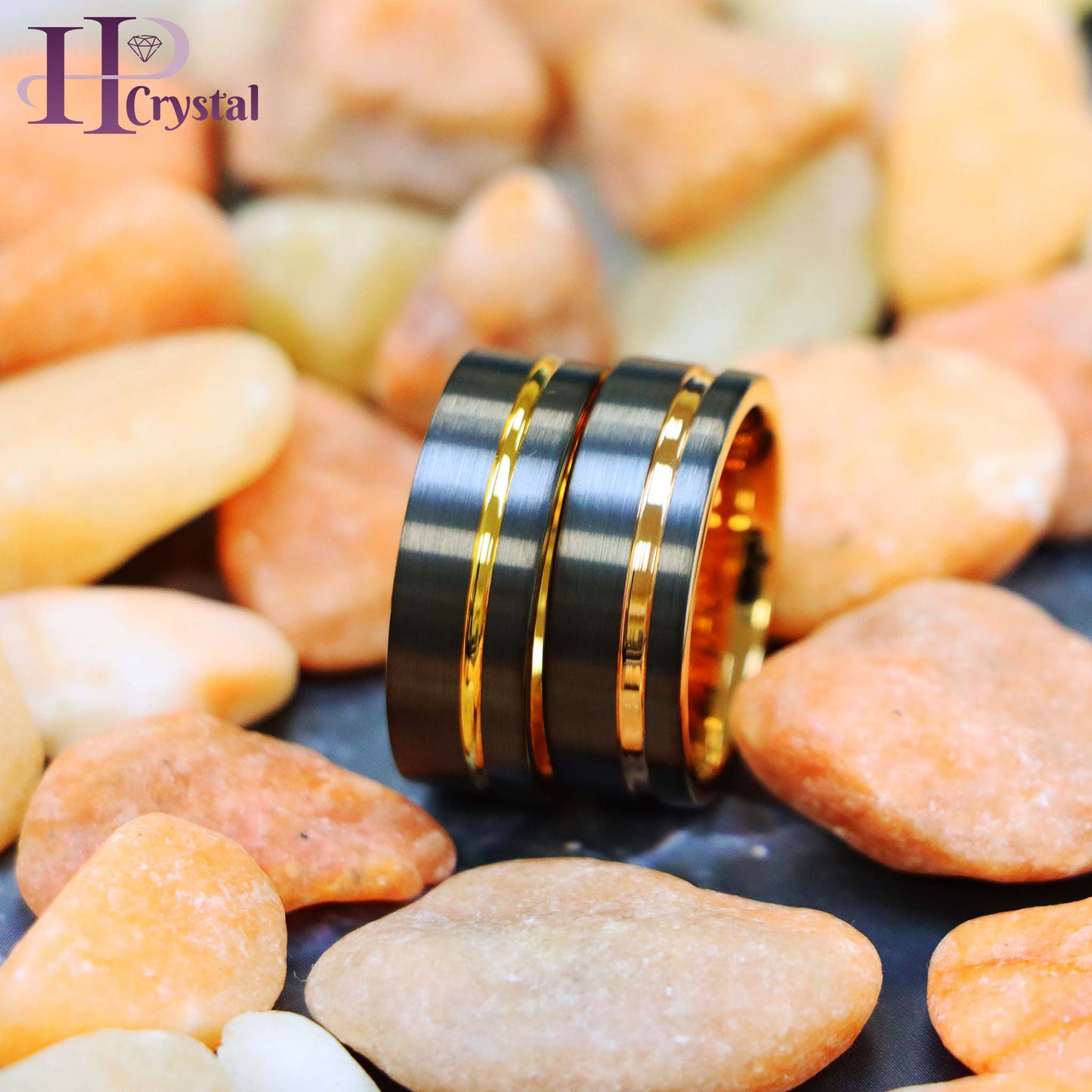 Gun Metal IP Plated with Off-Center Yellow Gold Plated/Rose Gold Plated Groove Tungsten Ring