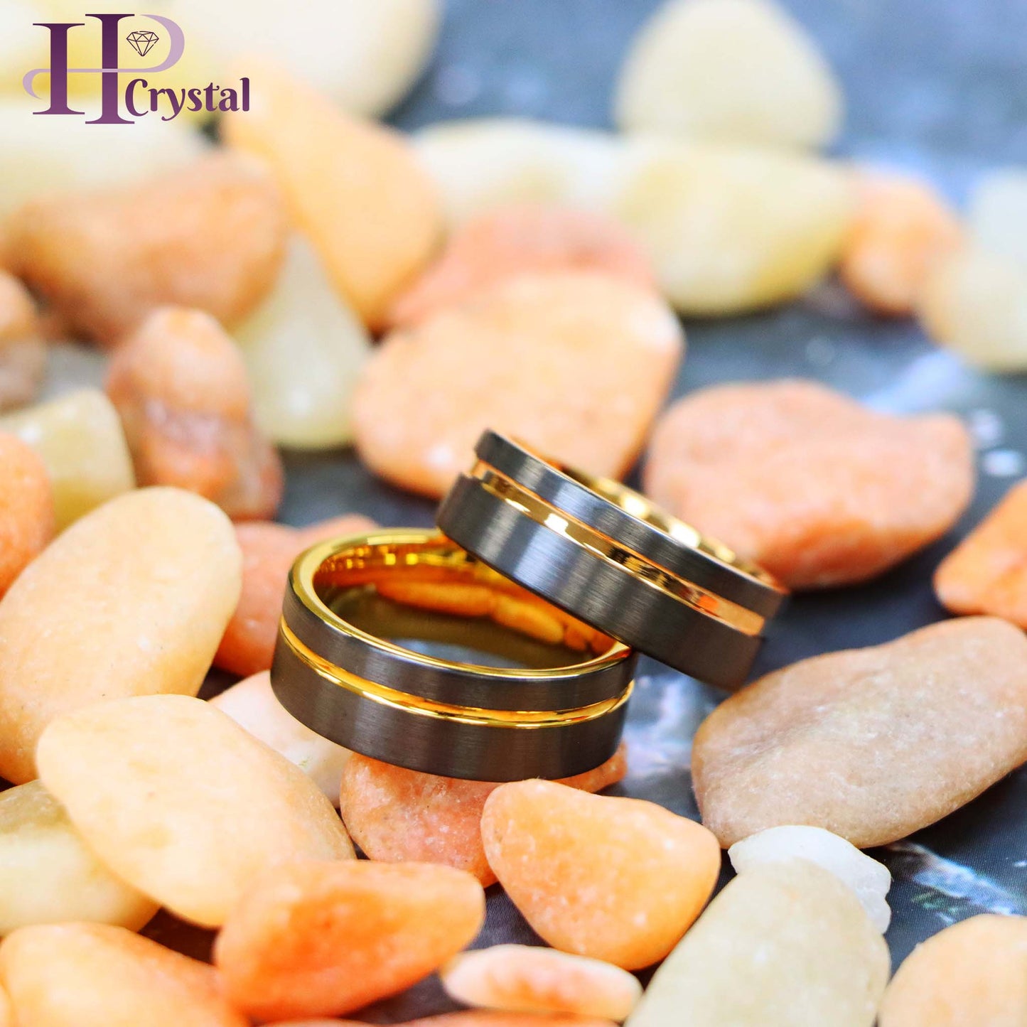 Gun Metal IP Plated with Off-Center Yellow Gold Plated/Rose Gold Plated Groove Tungsten Ring
