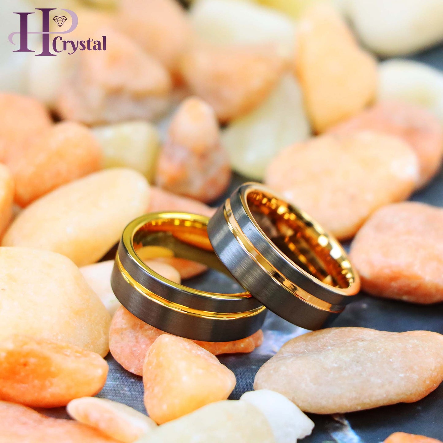 Gun Metal IP Plated with Off-Center Yellow Gold Plated/Rose Gold Plated Groove Tungsten Ring