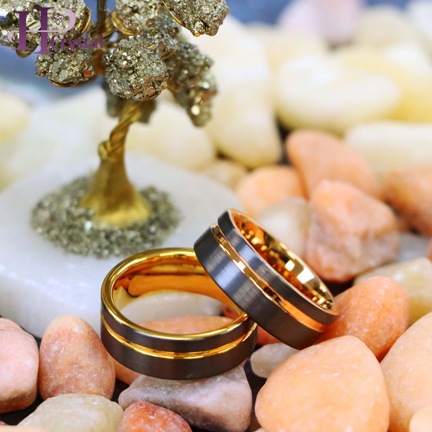 Gun Metal IP Plated with Off-Center Yellow Gold Plated/Rose Gold Plated Groove Tungsten Ring