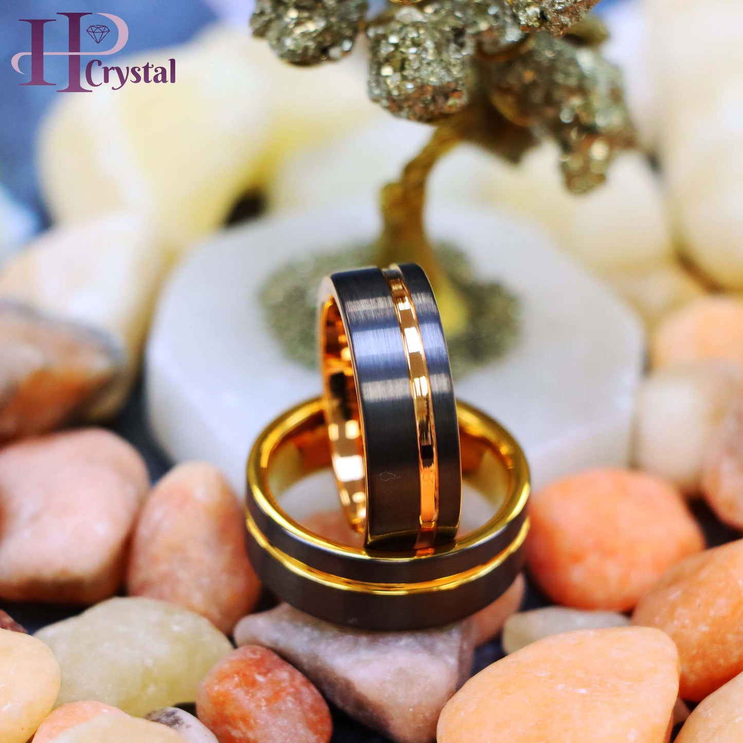 Gun Metal IP Plated with Off-Center Yellow Gold Plated/Rose Gold Plated Groove Tungsten Ring