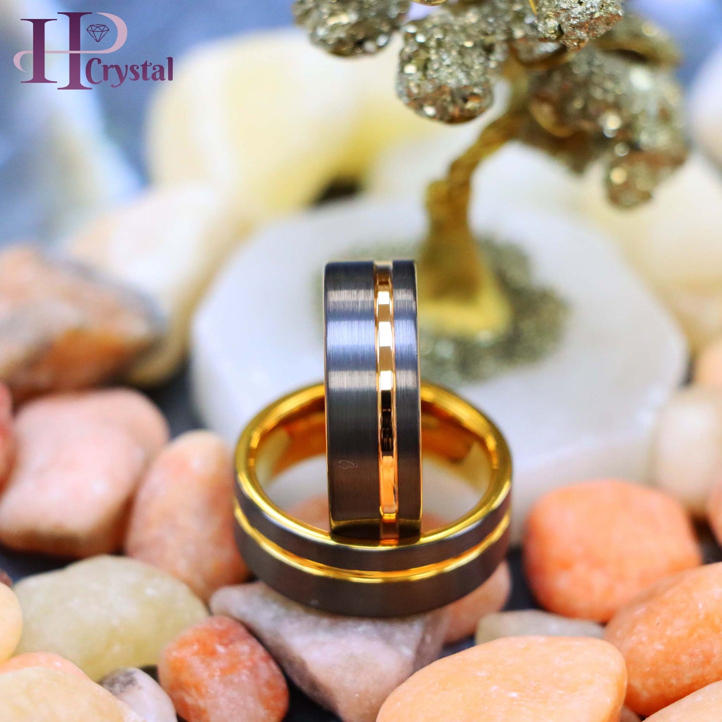 Gun Metal IP Plated with Off-Center Yellow Gold Plated/Rose Gold Plated Groove Tungsten Ring