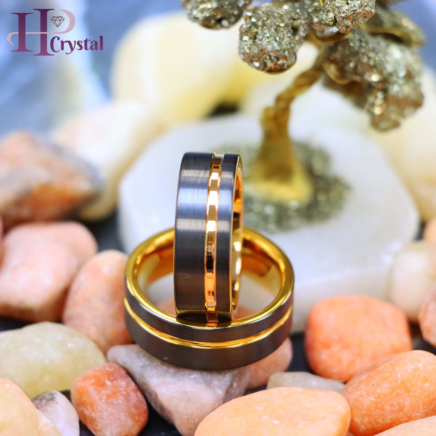 Gun Metal IP Plated with Off-Center Yellow Gold Plated/Rose Gold Plated Groove Tungsten Ring