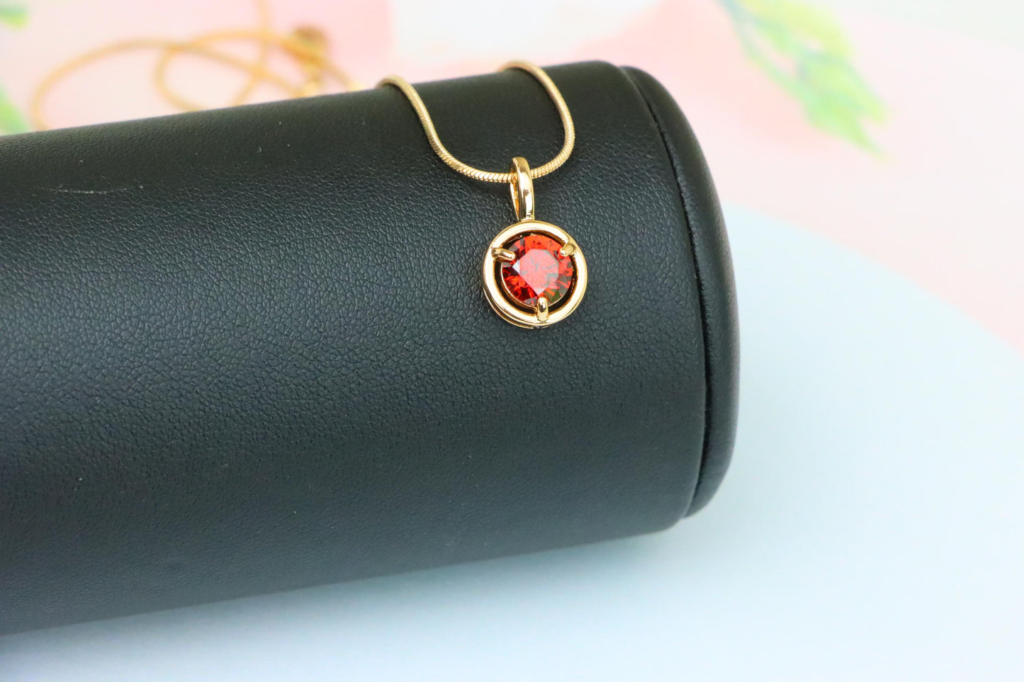 Elegant Round Red Crystal Pendant in Gold Plated Brass, XPPT1702 (2150-6)