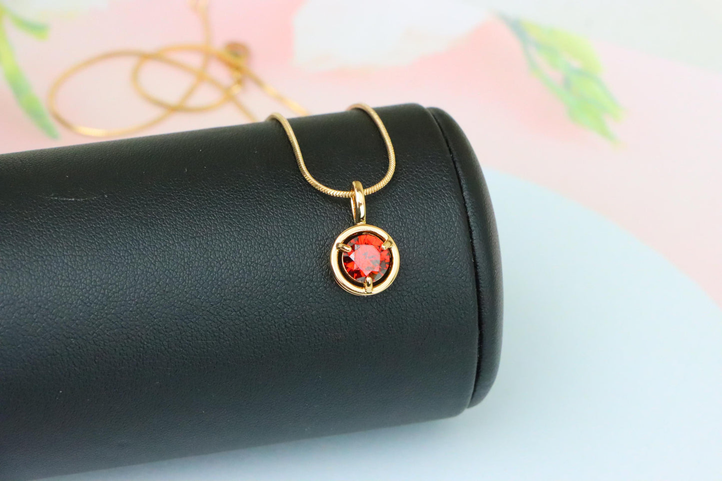 Elegant Round Red Crystal Pendant in Gold Plated Brass, XPPT1702 (2150-6)