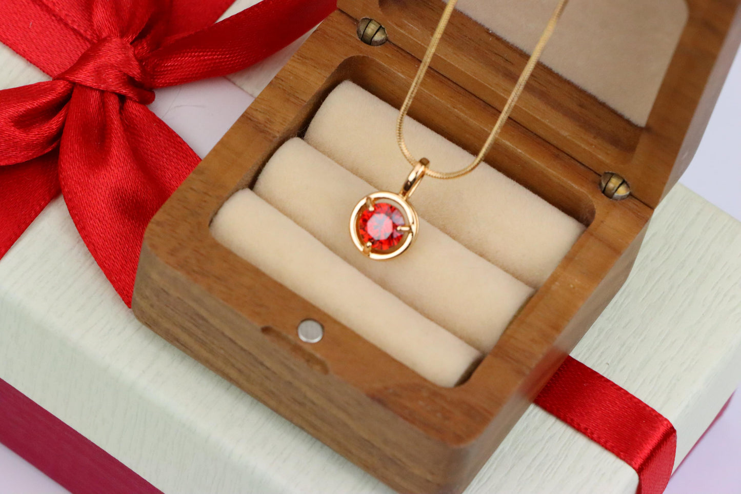 Elegant Round Red Crystal Pendant in Gold Plated Brass, XPPT1702 (2150-6)