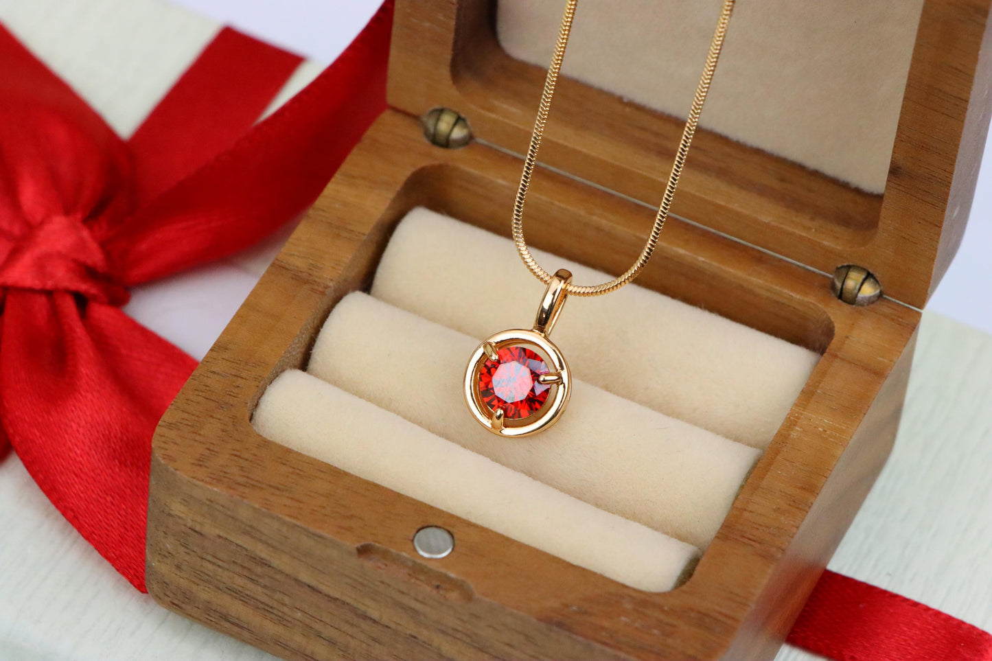 Elegant Round Red Crystal Pendant in Gold Plated Brass, XPPT1702 (2150-6)