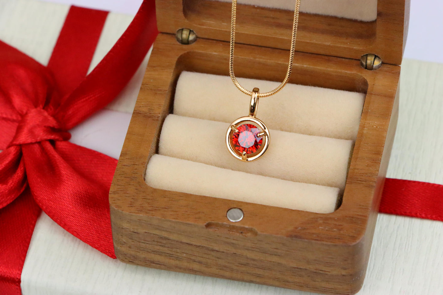 Elegant Round Red Crystal Pendant in Gold Plated Brass, XPPT1702 (2150-6)