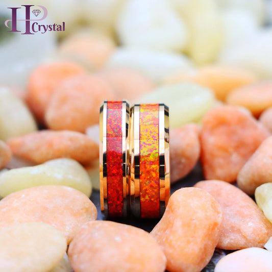 Rose Gold IP Plated with Synthetic Red Fire Opal Inlay Tungsten Ring (MARET1040)