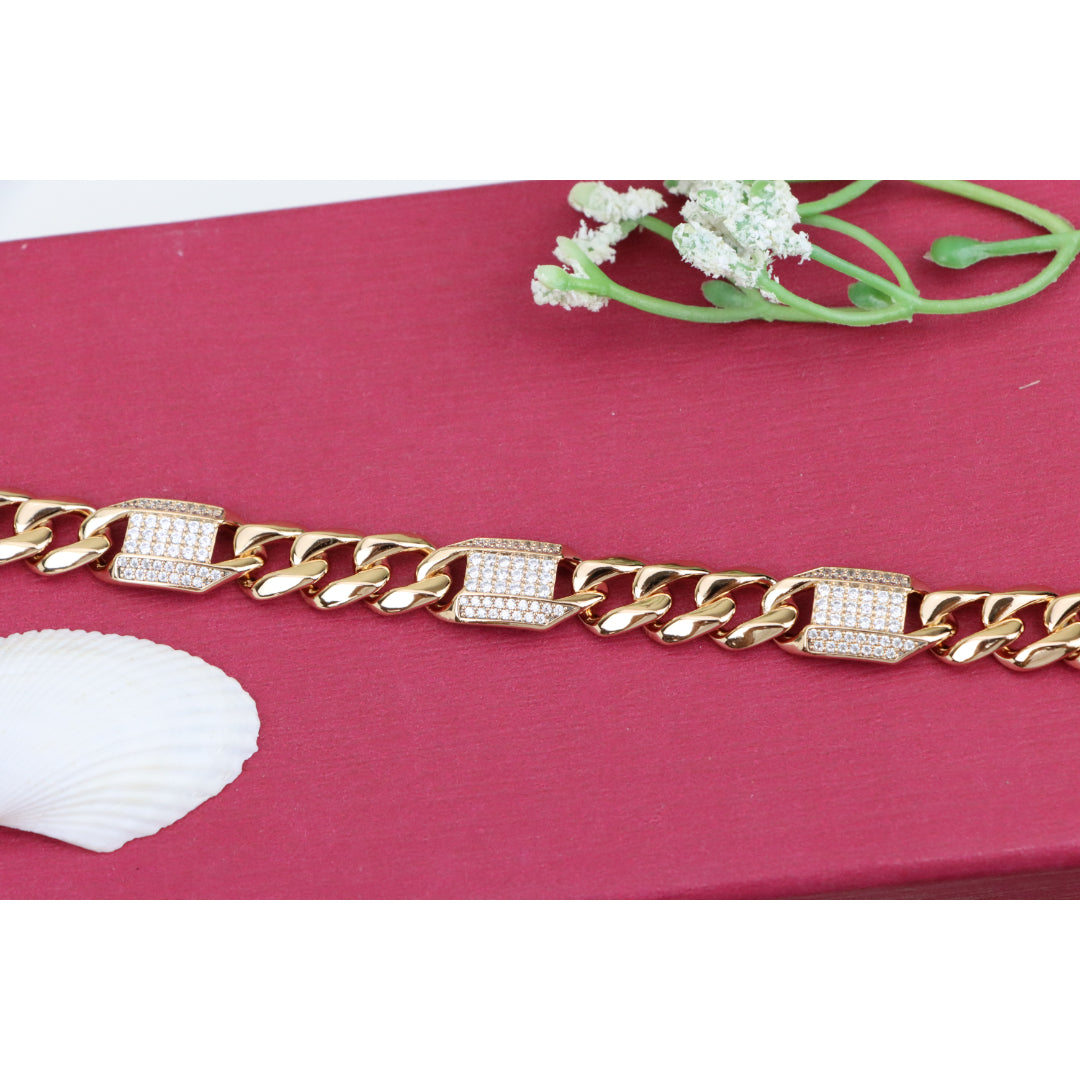 Bold Rose Gold Curb Chain Bracelet with Sparkling Accent Panels, XPBL0941 (2094-10)