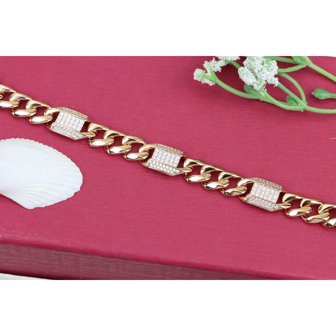 Bold Rose Gold Curb Chain Bracelet with Sparkling Accent Panels, XPBL0941 (2094-10)