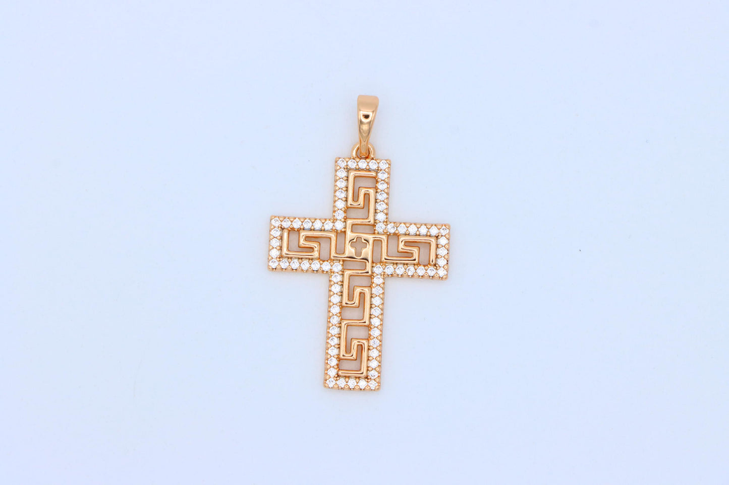 Rose Gold Cross Pendant with Greek Key and CZ Detail, XPPT1262 (2126-8)
