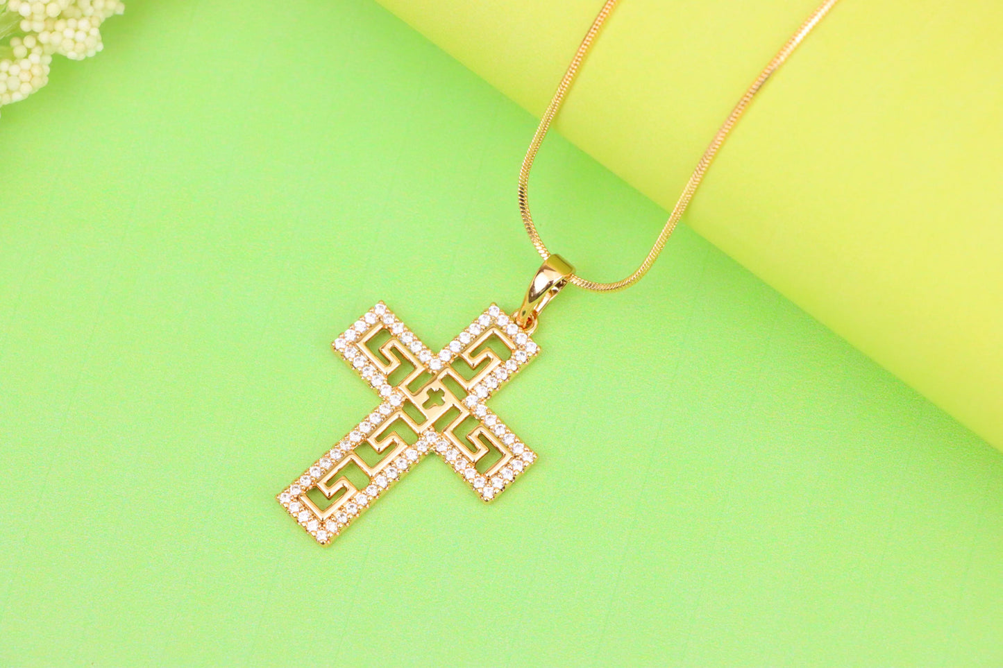 Rose Gold Cross Pendant with Greek Key and CZ Detail, XPPT1262 (2126-8)