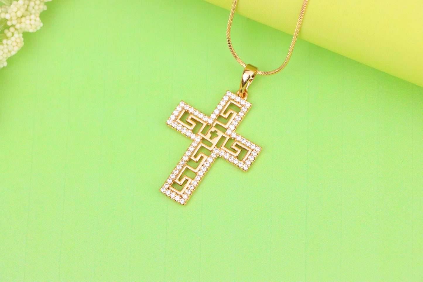 Rose Gold Cross Pendant with Greek Key and CZ Detail, XPPT1262 (2126-8)
