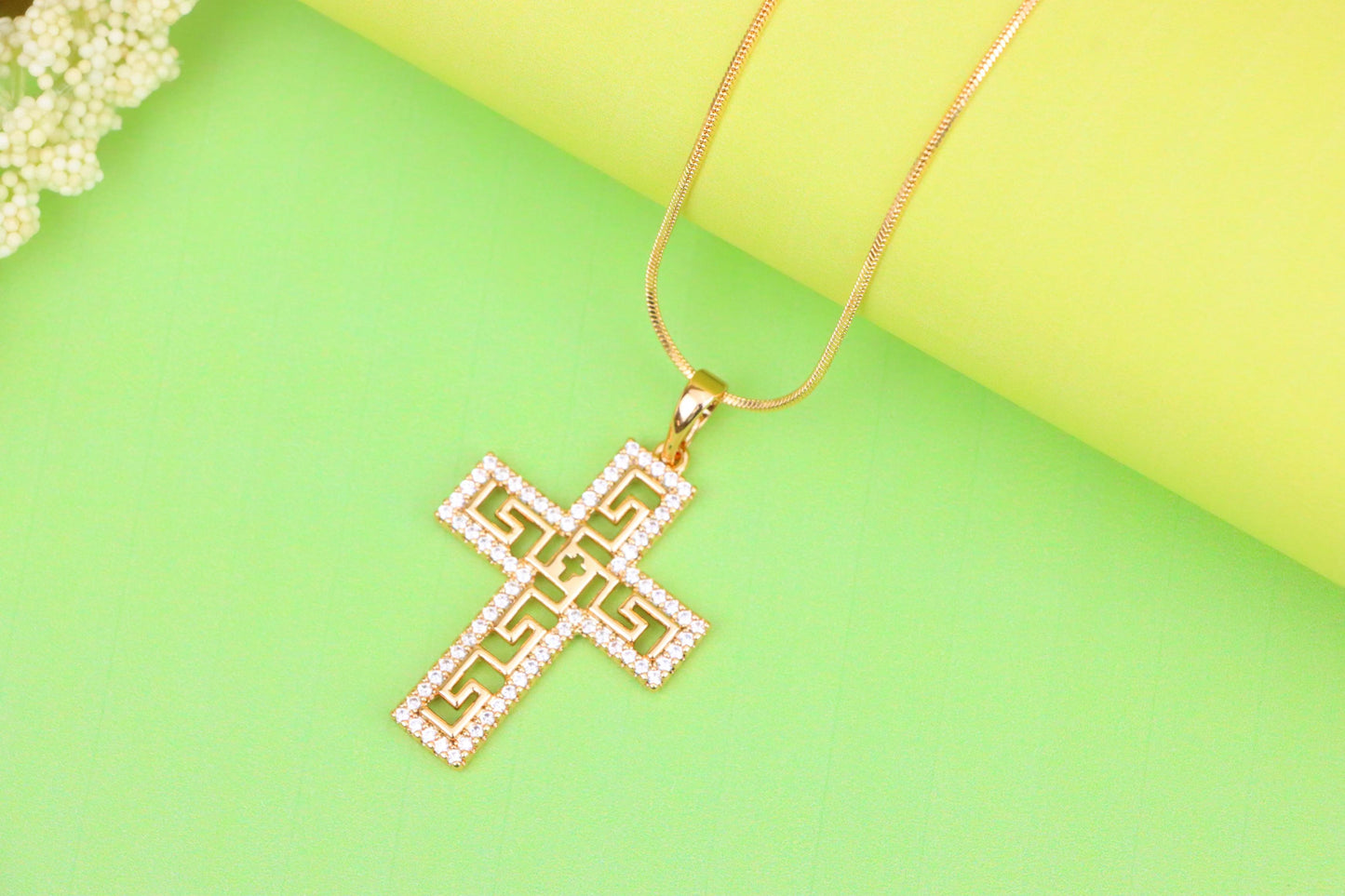 Rose Gold Cross Pendant with Greek Key and CZ Detail, XPPT1262 (2126-8)