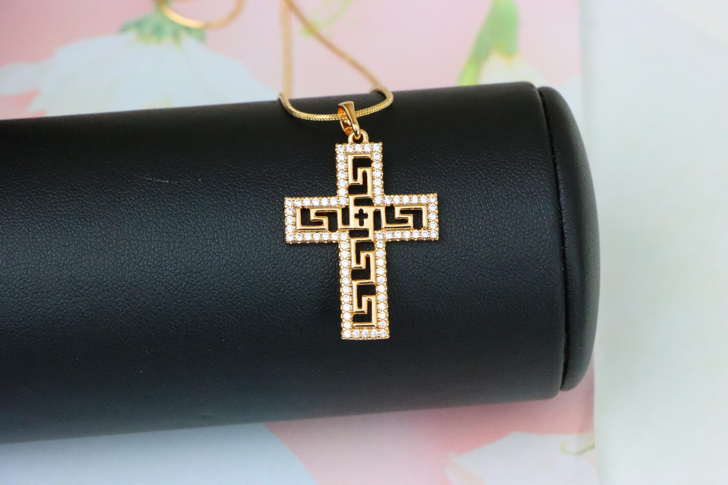 Rose Gold Cross Pendant with Greek Key and CZ Detail, XPPT1262 (2126-8)